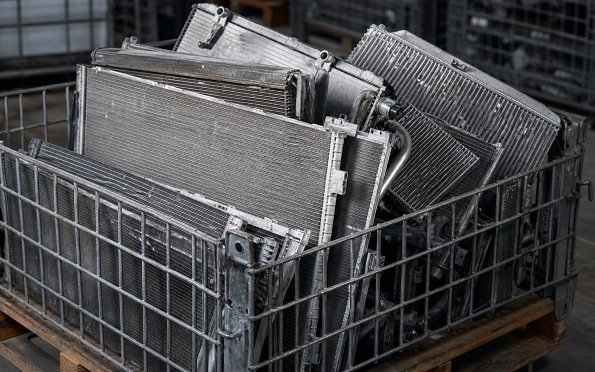 Used aluminium automotive radiator and condenser cores in a cage