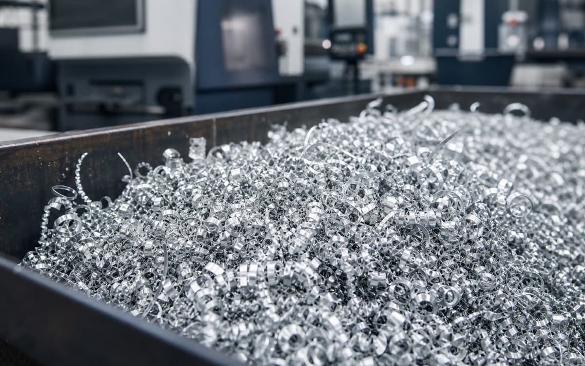 Bright aluminium machining turnings and chips in a steel bin